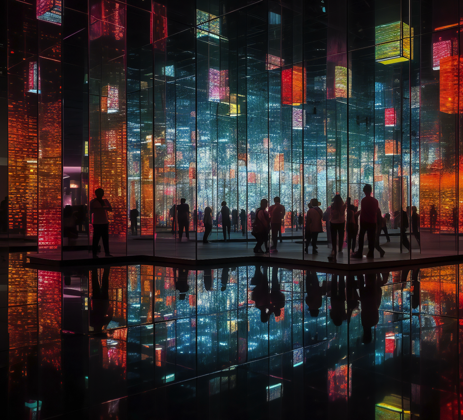 people walking in an art installation featuring mirrors reflecting pixelated light