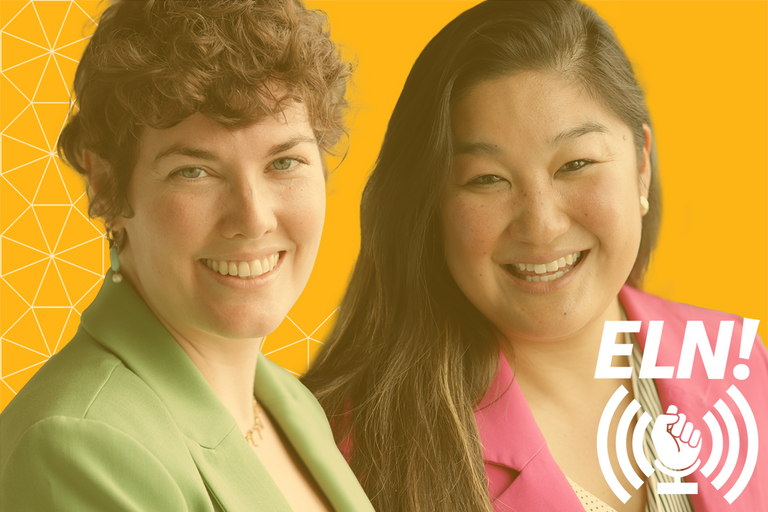 Kyle Tana and Lizzy May headshots on gold background with ELN! logo