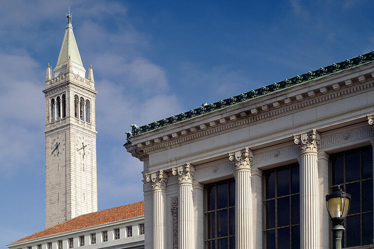 campanile on the left and roof of doe library on the right