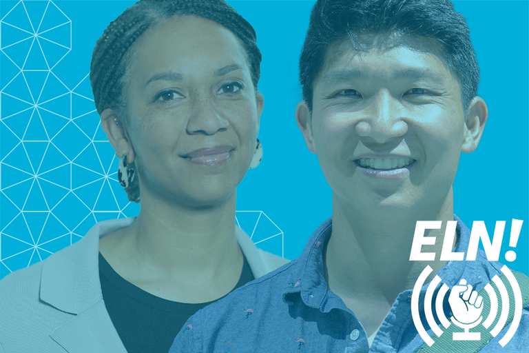 headshots of Chris Mah and Hillary Walker on blue background with ELN! logo