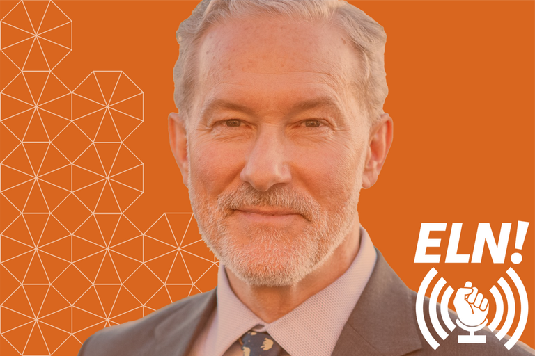 chancellor lyons on orange background with eln! logo