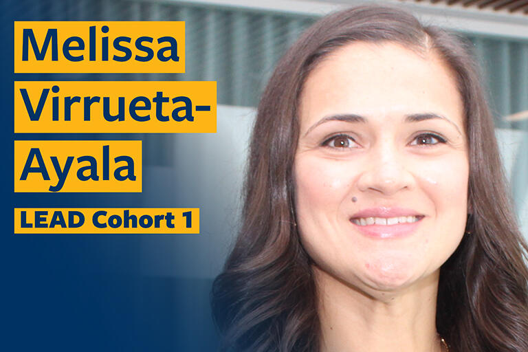 Melissa Virrueta Ayala smiling at camera with text in the top left reading Melissa Virrueta Ayala lead cohort one