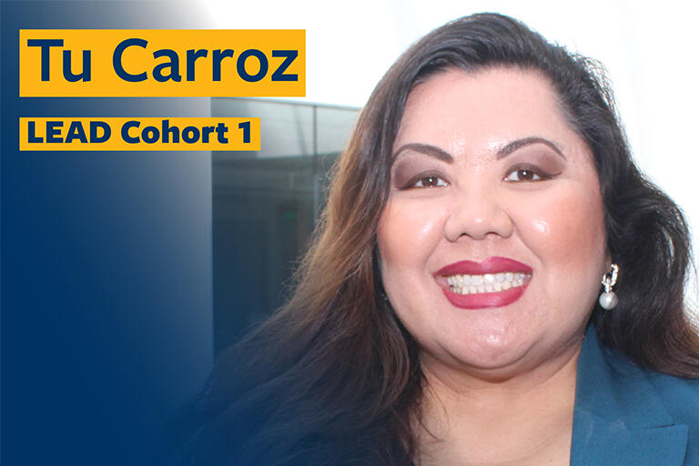 tu carroz smiling at camera with text in the top left reading tu carroz lead cohort one