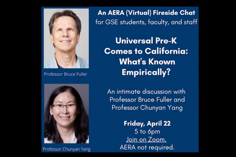 portraits of professors Bruce Fuller and Chunyan Yang with some text about details of their talk