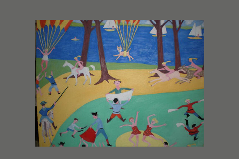 colorful painting by guy benveniste shows people in a park with horses