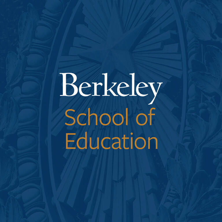 logo Berkeley in white and below it School of Education in gold with sather gate background