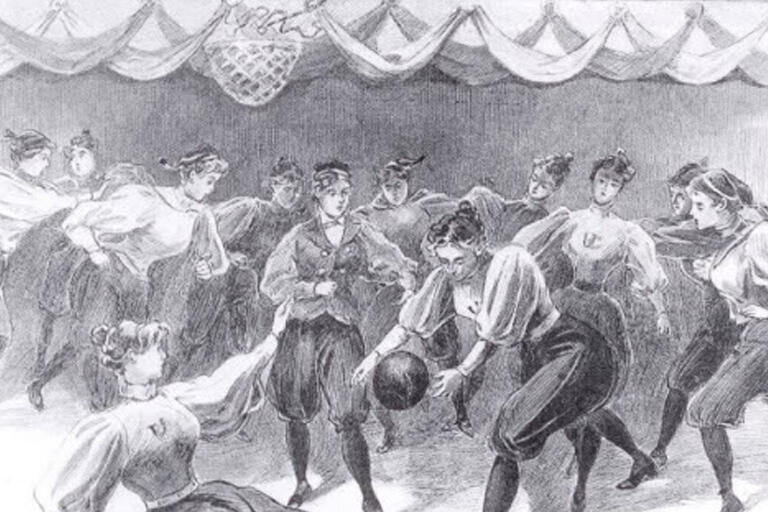Sketch of a 1896 basketball game between Cal and Stanford. Players are wearing knickers and long sleeved blouses. One player is reaching for a loose ball.