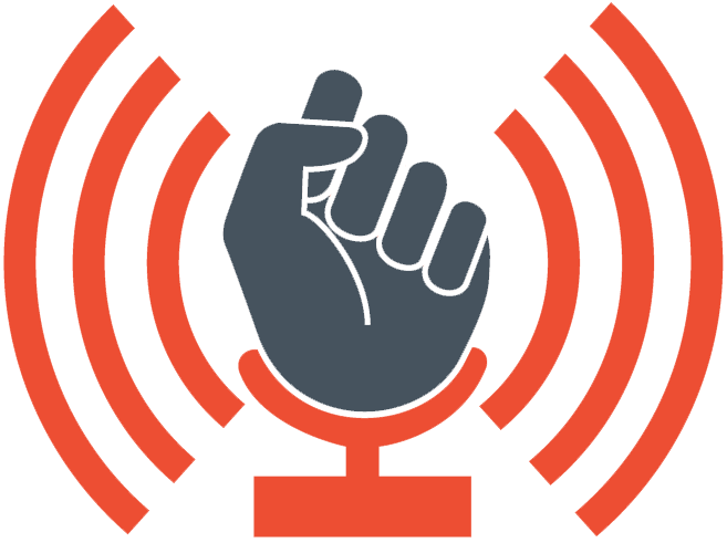 graphic of a microphone with a fist of solidarity and text "equity leadership now!"