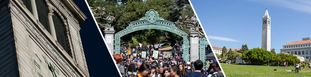 collage of three photos campanile top sather gate and memorial glade