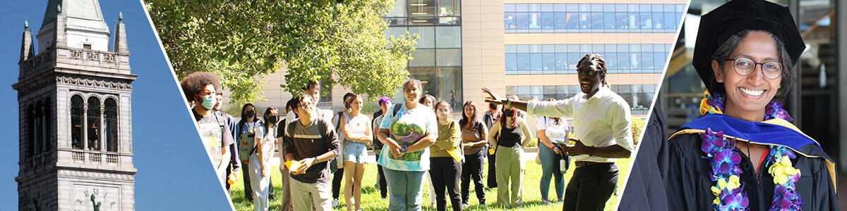collage three images campanile professor travis bristol and doctoral student wearing graduation regalia