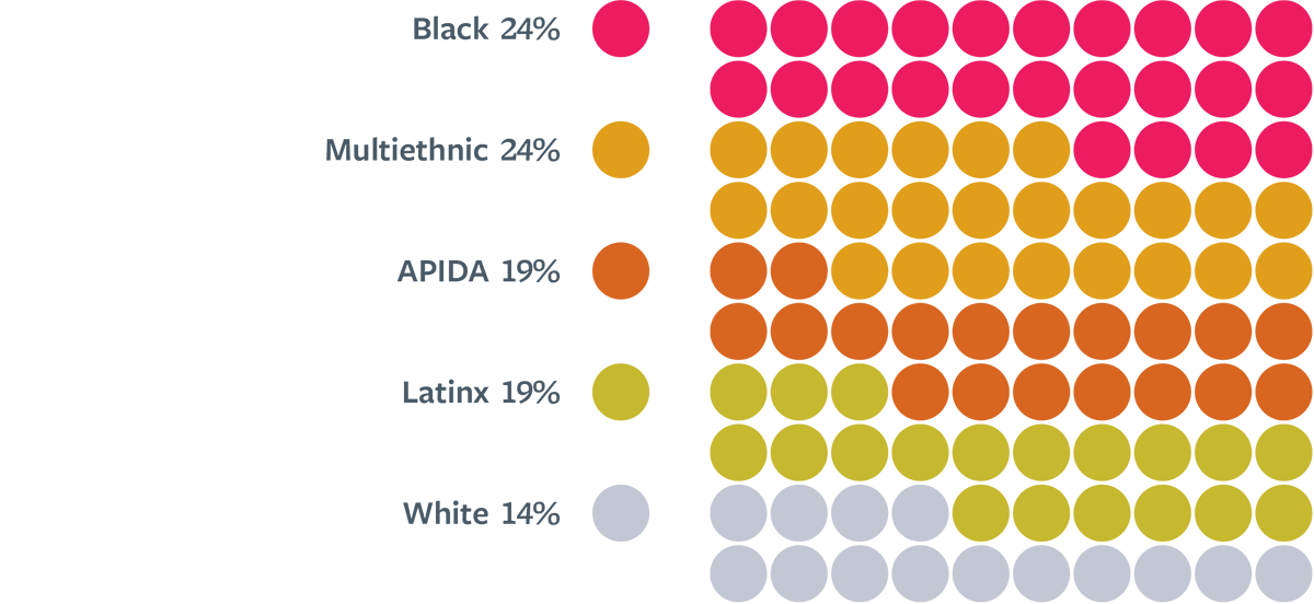 black 24%. multiethnic 24%. APIDA 19%. latinx 19%. white 14%.
