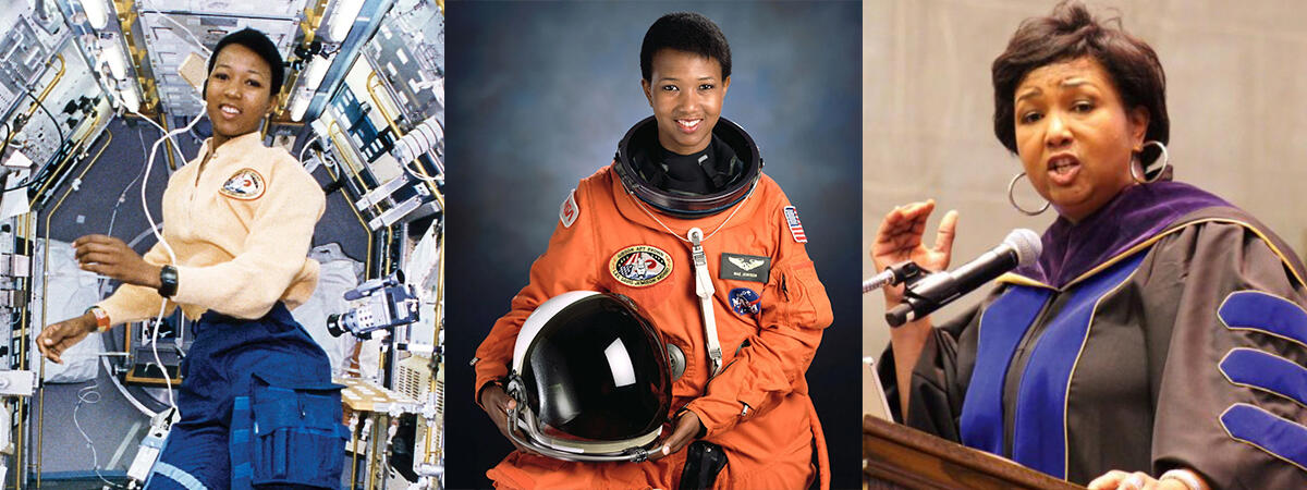 collage of Mae Jemison inside shuttle formal portrait in orange nasa space suit and at podium