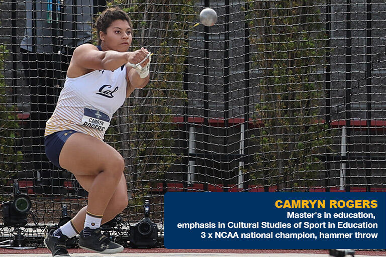 Cal student athlete Camryn Rogers throwing hammer at track and field event. Photo by Al Sermeno.