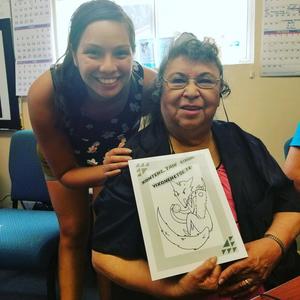 Sara Chase (left) at a Hupa language immersion camp with her language teacher, Verdena Parker, who is a member of the Hoopa Valley Tribe in northern California and one of the last fluent speakers of the Hupa language. (PHOTO COURTESY OF SARA CHASE)